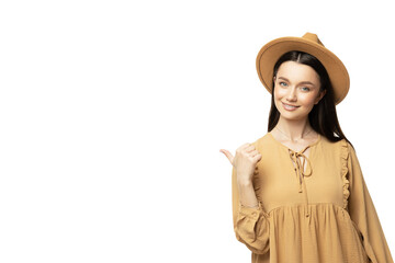 Fototapeta premium PNG,young brunette in a dress and hat, isolated on white background