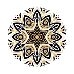 Mandala floral ornament with black and gold colors. Elegant Asian circle pattern with flowers, lines and dots. Symmetric geometric sacred symbol. Vector illustration.