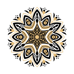 Mandala floral ornament with black and gold colors. Elegant Asian circle pattern with flowers, lines and dots. Symmetric geometric sacred symbol. Vector illustration.