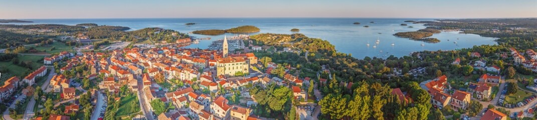 Panoramic drone picture of the Croatian harbor town of Vrsar on the Limski Fjord from the church bell tower - obrazy, fototapety, plakaty