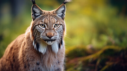 Naklejka na ściany i meble Lynx in winter. Young Eurasian lynx, walks in snowy beech forest. Beautiful wild cat in nature