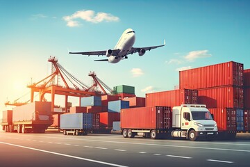 An image depicting logistics with a container truck, ship in port, and airplane for import,export industry.by Generative AI