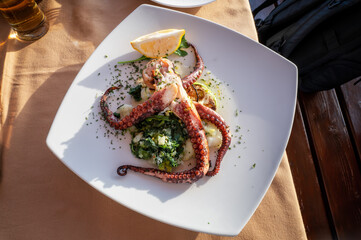Grilled octopus on a plate with mashed potatoes and spinach garnish served in a traditional seafood restaurant in Montenegro. Grilled octopus on a table.