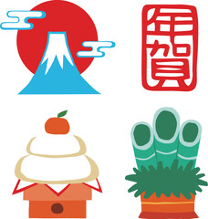手描きのゆるい年賀アイコンセット（富士山、門松、鏡餅）