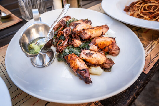 Grilled baby squids on a plate with mashed potatoes and spinach garnish served in a traditional seafood restaurant in Montenegro. Grilled calamari on a table.