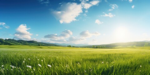 Fototapeta na wymiar Beautiful panoramic landscape of a green field with grass against a blue sky with sun. Spring summer nature background.