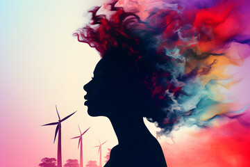 Silhouette of a woman with long windy hair with wind turbine behind