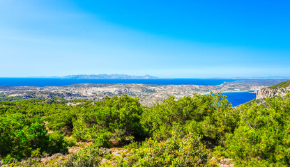 Fototapeta premium View of the landscape and the Mediterranean Sea from a mountain on the Greek island of Kos. 