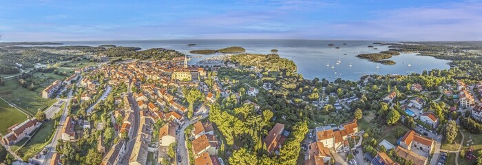Panoramic drone picture of the Croatian harbor town of Vrsar on the Limski Fjord from the church...