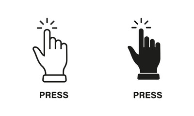 Fototapeta premium Press Gesture, Hand Cursor for Computer Mouse Line and Silhouette Black Icon Set. Click, Tap, Touch, Point Sign Collection. Pointer Finger Pictogram on White Background. Isolated Vector Illustration