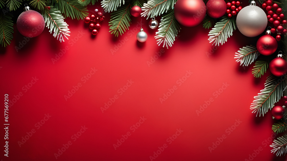 Wall mural Christmas and new year decoration on red paper background with copy space