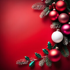 Christmas and new year decoration on red paper background with copy space.