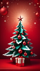 Christmas tree with decoration on red  background.