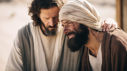 Portrait of Jesus healing a sick man. New testament concept.