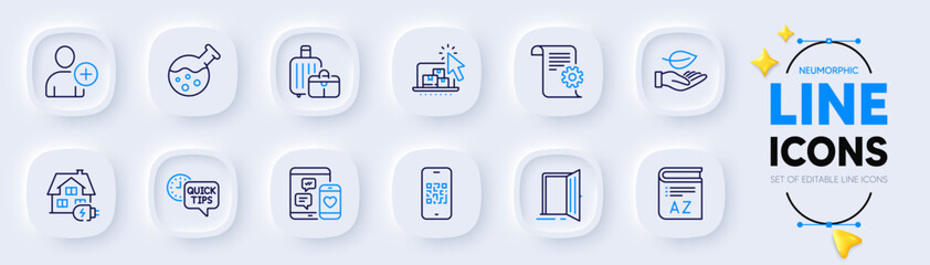 Vocabulary, Chemistry lab and Technical documentation line icons for web app. Pack of Quick tips, Add user, Qr code pictogram icons. Baggage, Home charging, Social media signs. Leaf. Vector