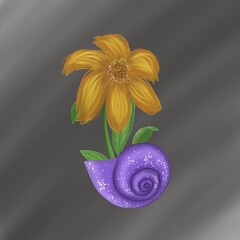 Golden flower grow on purple snail shell
