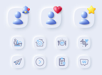 Cleaning, Quote bubble and House security line icons. Placeholder with 3d bell, star, heart. Pack of Romantic dinner, Forward, Reject checklist icon. Paper plane, Chemistry dna pictogram. Vector