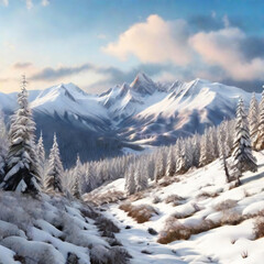 Fototapeta na wymiar Snowy peaks and forest harmony with winter wonderland