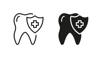 Medical Oral Care Silhouette and Line Icon Set. Dental Insurance Pictogram. Teeth Protection. Tooth Hygiene and Defense Black Symbol Collection. Dental Treatment Sign. Isolated Vector Illustration