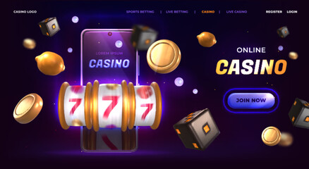 Online casino landing page. Banner with jackpot slot machine, neon smartphone and flying golden coins on dark background. Lucky fortune, slots game with prize icons. Gambling website template. - obrazy, fototapety, plakaty