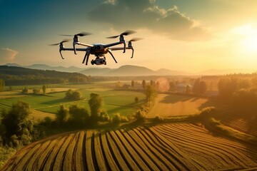 Drone monitoring crops and smart agriculture in a digital farming  - obrazy, fototapety, plakaty