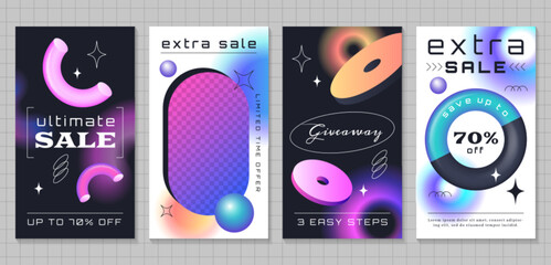 Set of sale trendy posters for social media. Cover, ig story template with gradient geometric shapes and frame for text. Modern banners with 3d realistic colorful objects different forms for promo, ad - obrazy, fototapety, plakaty