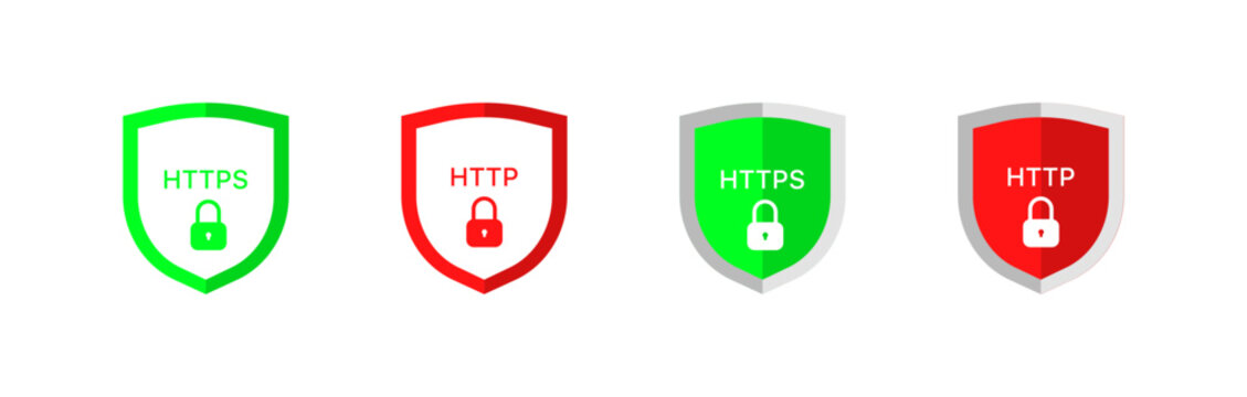 HTTP shields. Flat, color, HTTP and HTTPS protection. Vector icons