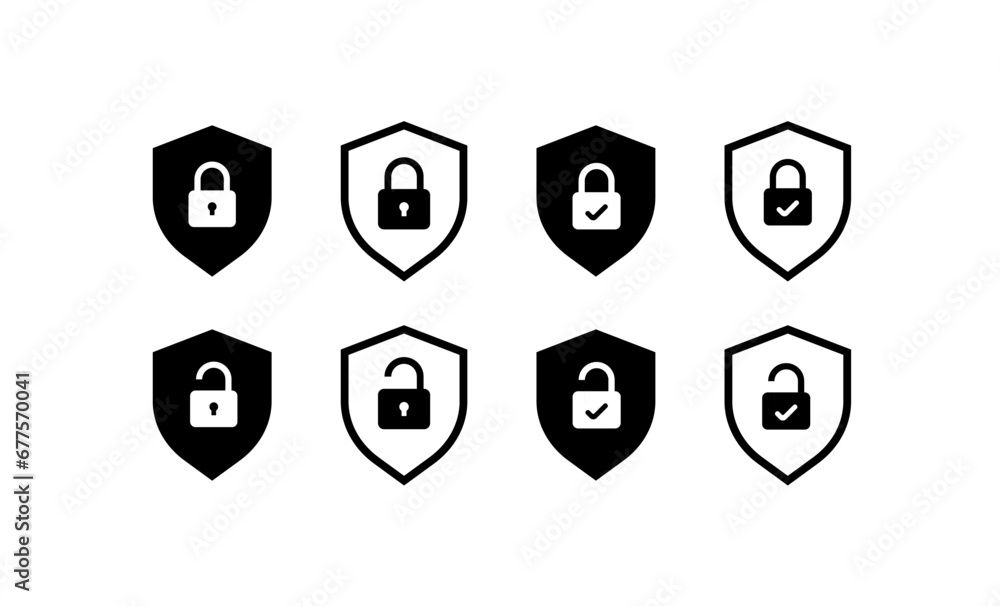 Poster lock and shield icons. linear, lock inside the shield, lock and shield. vector icons