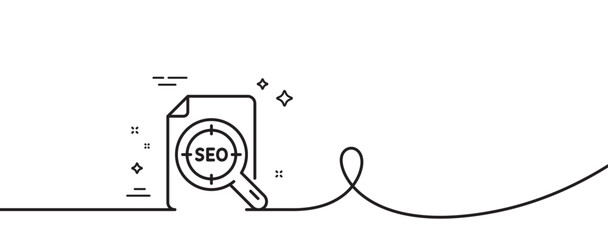 Seo target line icon. Continuous one line with curl. Search engine optimization sign. File document symbol. Seo file single outline ribbon. Loop curve pattern. Vector