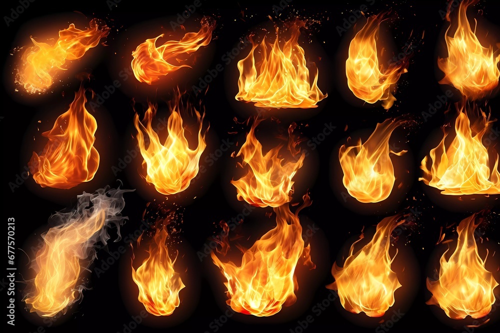 Poster collection of flames and sparks on a transparent background. generative ai