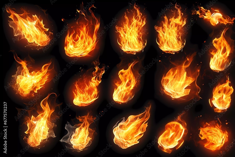 Poster collection of flames and sparks on a transparent background. generative ai