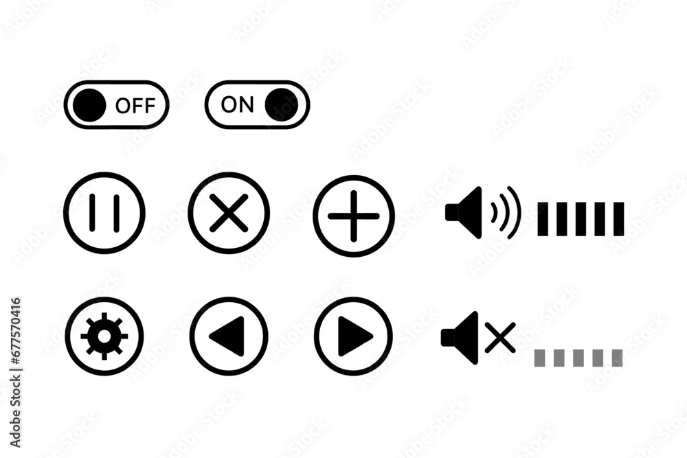 Poster setting the icon sound. linear, sound buttons, on off buttons, sound scale. vector icons