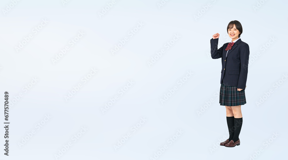 Poster ガッツポーズする制服を着た女子学生　切り抜き全身写真（切り抜き背景透過pngも販売しております。作成者リンクから「png」で検索してください）