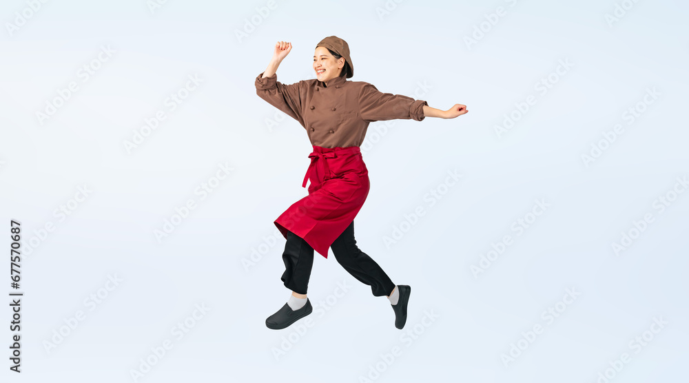 Poster ジャンプする調理服を着た女性　調理師　飲食店店員　切り抜き全身写真（切り抜き背景透過pngも販売しております。作成者リンクから「png」で検索してください）