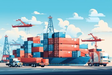 An image depicting logistics with a container truck, ship in port, and airplane for import,export industry.by Generative AI
