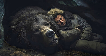 man hibernating with bear. AI generated. - obrazy, fototapety, plakaty