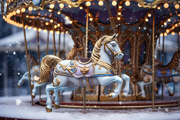 Fototapeta na wymiar traditional lit carrousel close up in the winter, snowing, close up, Christmas vibes, gold, blue and pastel purple colours