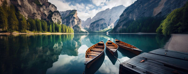 Wooden Boats on the Braies Lake, Pragser Wildsee, in Dolomites mountains, Sudtirol, Italy,Summer - obrazy, fototapety, plakaty