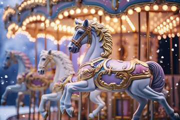Fototapeta na wymiar traditional lit carrousel close up in the winter, snowing, close up, Christmas vibes, gold, blue and pastel purple colours