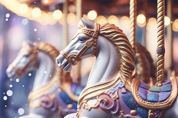 traditional lit carrousel close up in the winter, snowing, close up, Christmas vibes, gold, blue and pastel purple colours