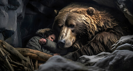 man hibernating with bear. AI generated. - obrazy, fototapety, plakaty