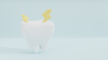 3D tooth and yellow thunder, Sensitive teeth for children dental clinic, dental hygiene on light blue background. 3d rendering.
