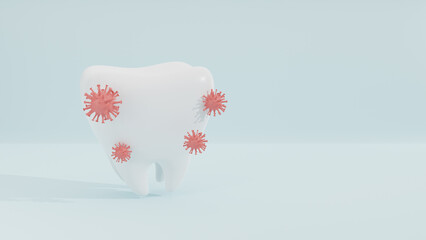 3D tooth Tooth bacterial infection and teeth decay disease for children dental clinic, dental hygiene on light blue background. 3d rendering.