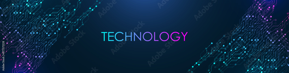 Aufkleber Technology modern blue horizontal banner template with circuit board texture. Quantum computer technologies concept. Horizontal header web banner, poster, cover, flyer, brochure, website presentation.