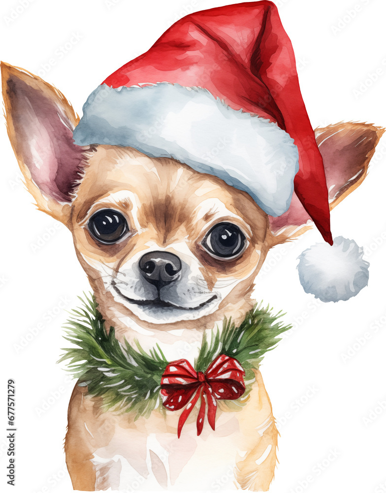 Poster christmas chihuahua in santa hat wrapped in christmas lights created with generative ai technology