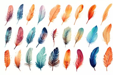 watercolor feather illustration, collection of colorful watercolor feathers. generative ai - obrazy, fototapety, plakaty