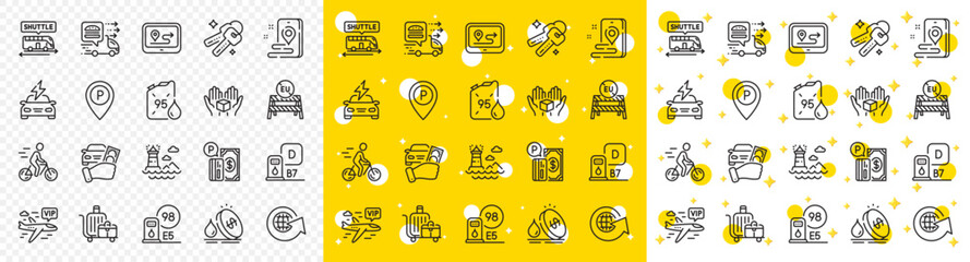 Outline Food delivery, Rent car and Keys line icons pack for web with Lighthouse, Baggage cart, Petrol station line icon. Vip flight, Parking payment, Parking pictogram icon. Gps. Vector