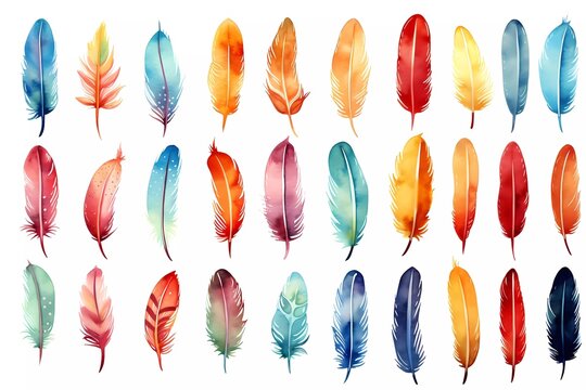 watercolor feather illustration, collection of colorful watercolor feathers. generative ai