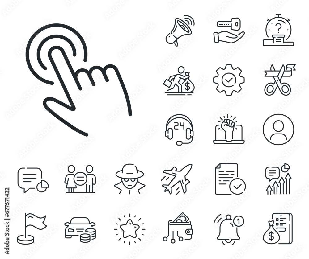 Poster click action sign. salaryman, gender equality and alert bell outline icons. hand cursor line icon. f