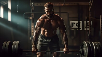 Fototapeta na wymiar Strength in Shadows: Bodybuilder Lifting Weights in Dimly Lit Rustic Gym